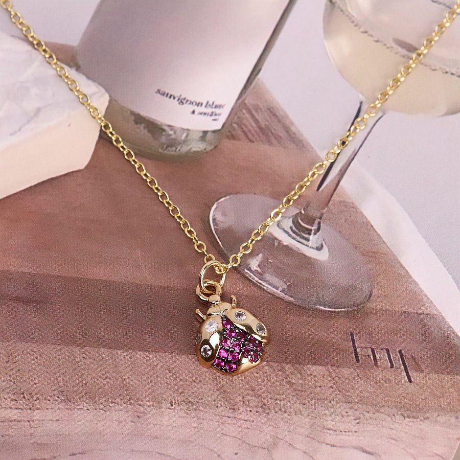 Pinky Lady Bug Necklace